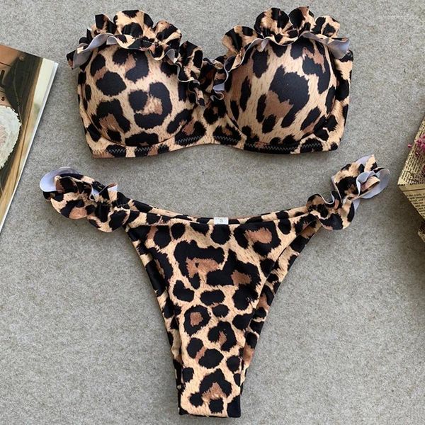 Mulheres de banho sexy leopardo babados sutiã copo bikini 2024 mulheres bandeau maiô feminino duas peças conjunto alta corte maiô