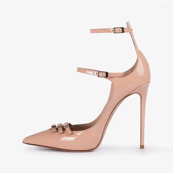 Sapatos de vestido de couro patente fivela de fixação bombas de tiras pontiagudas rosa elegante com saltos stiletto preto leopardo mulheres salto alto