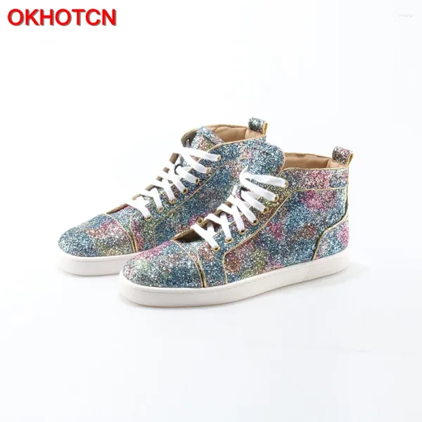 Sapatos casuais okcn unissex 387 mocassins masculinos bling shinny glitter azul alto topo masculino moda cristal 85354