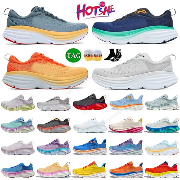 Designer Homens Mulheres Bondi 8 Um Clifton 9 Running Shoes Canção de Verão Sunlit Oceano Blanc de Blanc Âmbar Amarelo Gelo Branco Esportes Sapatilhas OG Plataforma Ao Ar Livre Tamanho Grande 47