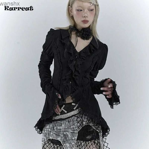 Damen Blusen Hemden Karrcat Gothic Schwarzes Spitzenhemd Dunkle Ästhetik Unregelmäßiges Hemd Yamamoto-Stil Grunge Flare-Ärmel V-Ausschnitt Vintage Y2k EmoL240328