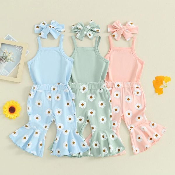 Conjuntos de roupas Focusnorm 0-18m 3pcs bebê meninas verão linda roupa roupa sem mangas sólido macacão com flor impressão flare calças bandana