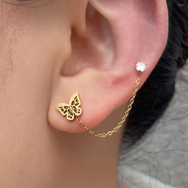 Brincos de garanhão 1 pc desgin corrente de aço inoxidável borla tragus lobo duplo piercing borboleta cz studs joias corporais