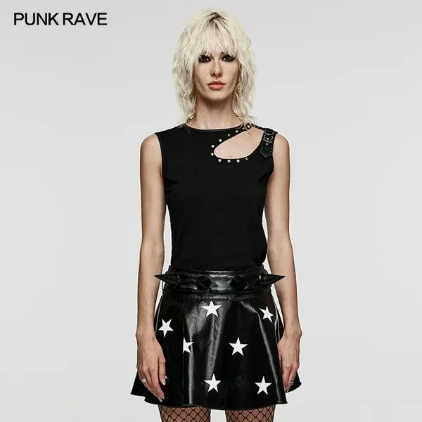 Damen Tanktops PUNK RAVE Coole Alltagsweste Dekorativ Einzigartige Nieten Sexy Hohle Schulter Schwarze Tops Damenkleidung Frühling/Sommer