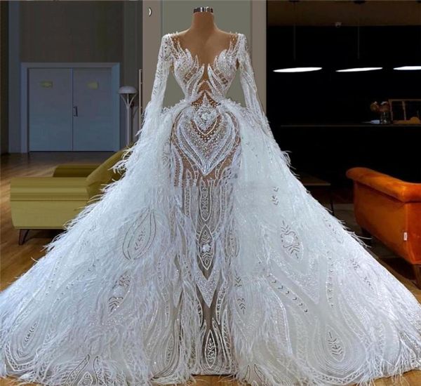 Piume bianche Abiti da sera gonfi per matrimonio Arabo Robe De Soiree Couture Abito da sposa Aibye Caftani Abiti da spettacolo Dubai3945882