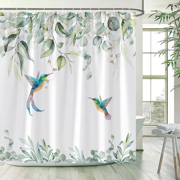 Tende da doccia Foglie verdi Tenda Colibrì Acquerello Botanico Foglia di eucalipto Moderno semplice arredamento per il bagno di casa Bagno