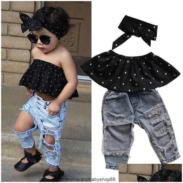 Kleidungssets Baby Mädchen Kleidung Set Polka Dot Tube Top Weste Zerrissene Denim Hosen Jeans Stirnband 0-3 Jahre Geboren Säugling Kleinkind Sommer Herbst Dro Dhn9X