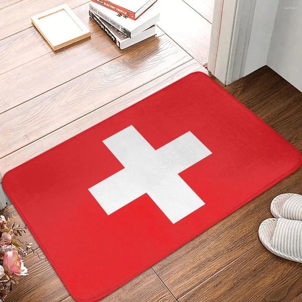 Коврики для ванной Швейцарский флаг Коврик для ног для душа Вход в дом Швейцария Красный быстросохнущий ковер для ванной комнаты Бархатный мягкий противоскользящий туалет