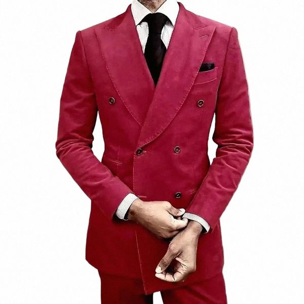 abito da uomo da uomo in velluto a coste rosso slim fit blazer imposta colore personalizzato plus size con elegante smoking da uomo in costume da gentiluomo 2 pezzi N2l8 #