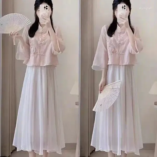 Etnik Giyim 2024 Çin tarzı Geliştirilmiş Cheongsam Tangsuits Kadın Elbise Antik Elbise Seti