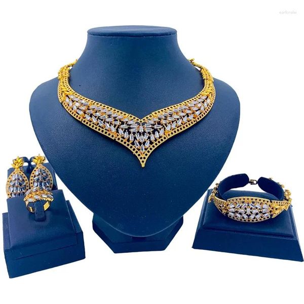 Halskette Ohrringe Set Dubai Fashion Gold 24k vergoldet Kristall Armband Ring für Frauen Hochzeitsgeschenk
