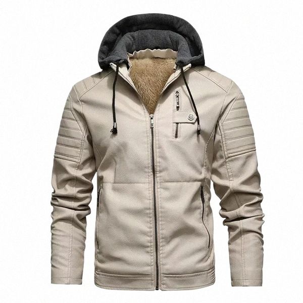 fi Giacca in pelle da uomo Autunno Fodera in pile Cappotto in pelle Pu con abbigliamento invernale maschile Casual Cappuccio bianco Giacche da moto k0be #