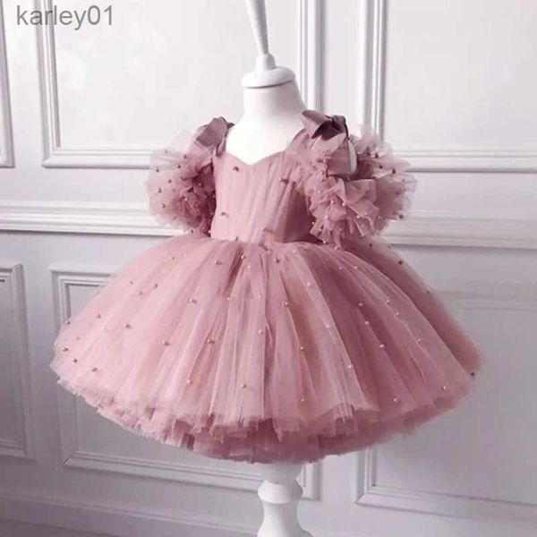 Mädchenkleider 0-5y Baby Mädchen Kleid Babykleid Taufkleid Perle Mesh Prinzessin Kleid Tutu Bow Geburtstagsfeier Baby Kleid YQ240327