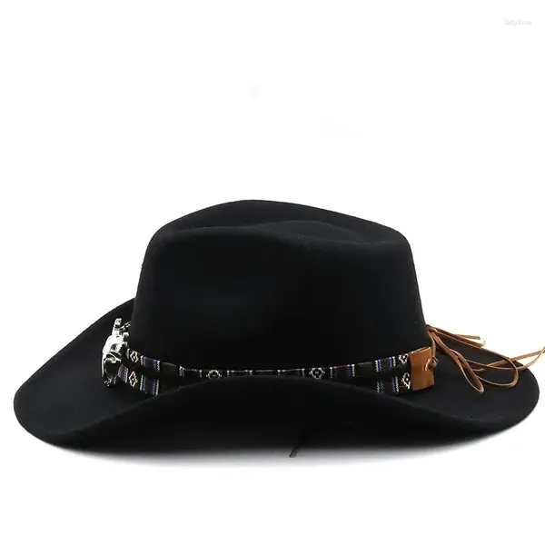 Berets Homens Outono e Inverno Chapéus de Cowboy Ocidental Estilo Bonito com Banda de Cabeça de Vaca Chapéu de Aba Larga Acessórios de Jazz Cap