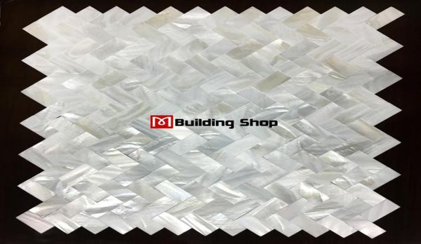 Espinha de peixe groutless madrepérola telhas backsplash branco shell mosaico MOP124 telhas de parede do banheiro 2920495