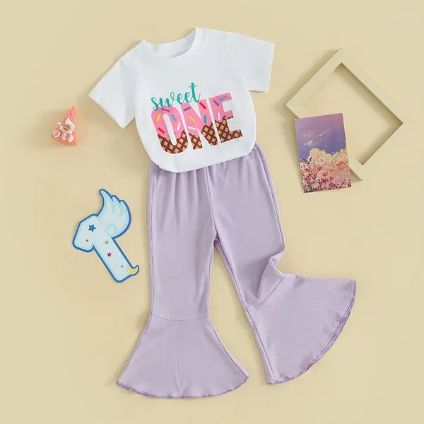 Conjuntos de roupas Focusnorm 0-18m adorável bebê meninas 2pcs roupas de aniversário roupas de manga curta carta impressão macacão flare calças