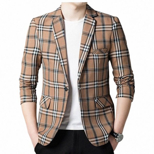 Männer Anzüge Frühling Herbst Koreanische Dünne Kleine Anzug Karierten Mann Single West Jacke Plaid Gold Blazer Anzug terno masculino i0NH #