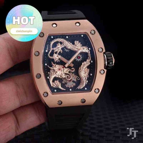 Designer de luxo RM Relógio de Pulso Mens Mecânica Relógio de Pulso Preto Borracha Rosa Ouro Homens Safira Automático Mecânico Dragão Tourbillion Esqueleto