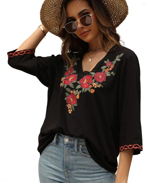 Damenblusen AYUALIN Vintage Blumenstickerei Boho Strand Lose Sommer Lady Blusas Lässige schwarze Baumwolle Rayon Bluse Shirts Frauen Tops