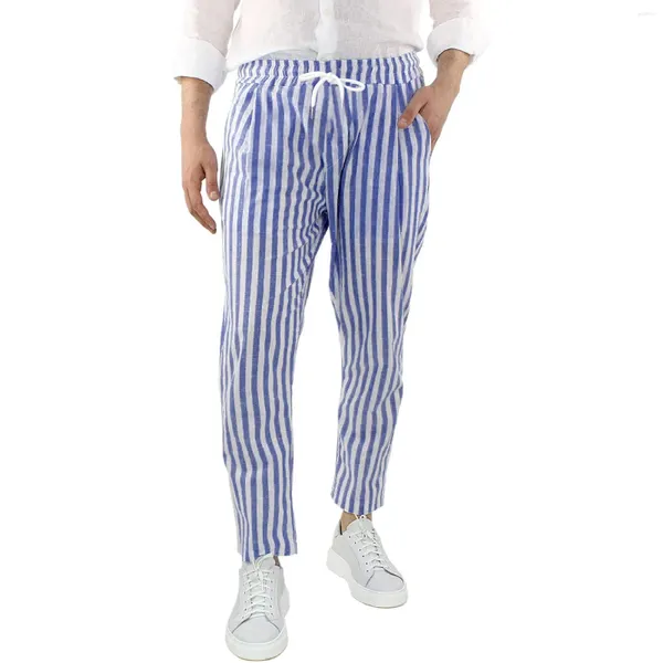 Pantaloni da uomo Pantaloni in lino di cotone a righe Primavera Estate Pantaloni casual traspiranti leggeri Matita in vita con coulisse per tutti gli abbinamenti