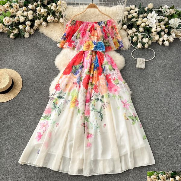 Abiti casual di base 2024 Summer Off Shoder Gorgeous Flower Holiday Abito Flowy Flowy Belt Womens Bow Belt Elastic Waist Floist Stampa floreale Lon Otfd7