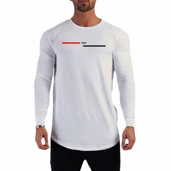 Fi Paris Stampa T-shirt da corsa Manica Lg Cott Slim Fit Palestra Abbigliamento sportivo Uomo Fitn Bodybuilding Muscle Tee Tops 88nO #