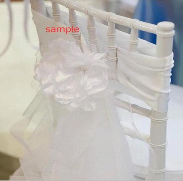 2015 Ruffles Bianco 3D Fiore Organza Romantico Bella Sedia Sash Coprisedie Decorazioni di nozze Forniture di nozze Campione G019972390