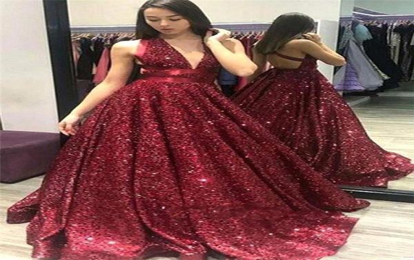 Vestidos de baile longos de lantejoulas vermelhas brilhantes até o chão sexy decote em v profundo sem mangas customizado vestidos de ocasião especial 8261685