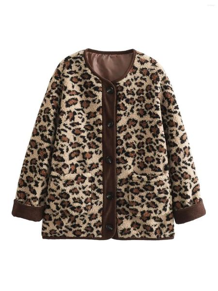 Capispalla Taglie forti Abbigliamento donna Cappotto Senza colletto Giacca in peluche a maniche lunghe Autunno e inverno Stampa leopardata Busto caldo 108-122 cm