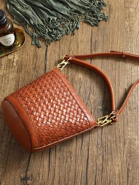 Borse da sera Borsa in pelle intrecciata a mano Borsa conciata al vegetale Lavaggio cerato Retro Messenger culturale Temperamento Lady spalla