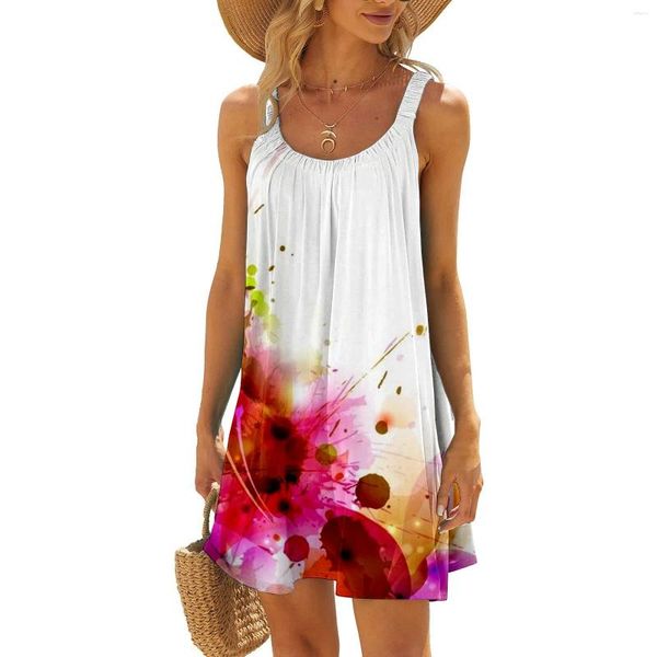 Sıradan elbiseler zarif çiçek yaz boho plaj elbise kadınlar spagetti kayış gevşek tatil kami bayanlar tshirt tank sundress