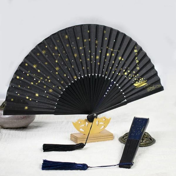 Estatuetas decorativas padrão estrela ventilador dobrável com borla seda estilo japonês chinês vintage bambu