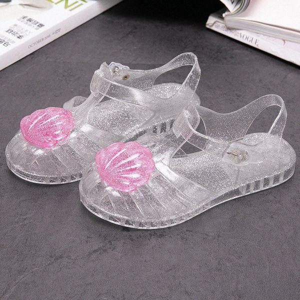 Детские сандалии для девочек-гладиаторов. Летние блестящие плоские пляжные детские сандалии из кристального желе с ракушками. Молодежная опора для малышей. Розовый Белый Черный Не-отруби y6nR#
