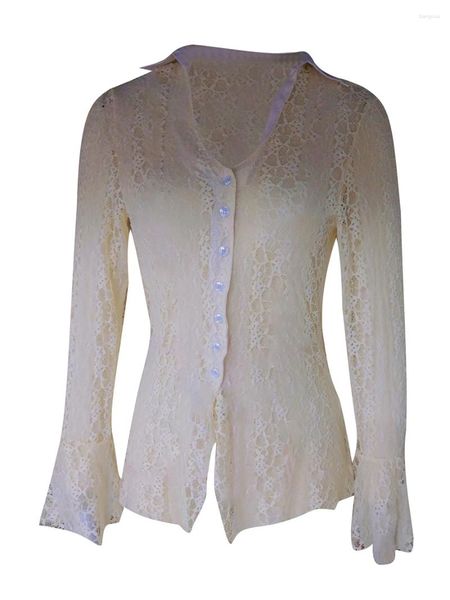 Blouses feminina chqcdarlys feminino s2k botão para baixo camisa de manga longa Veja através de renda de retalhos top top vintage e-garota camisa