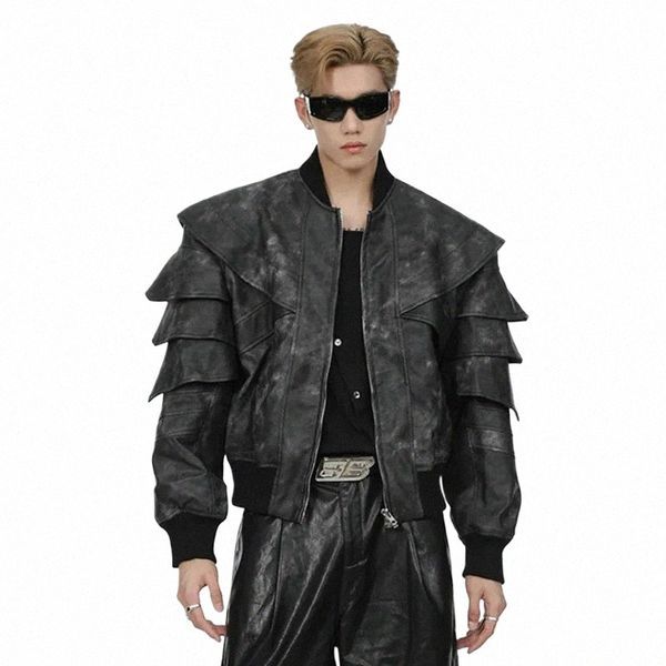Fewq Nicho Decstructi Split Jacket Men's Loose Design High Street Short Coat Tendência PU Leather Sleeve Design Masculino Tops s6ij #