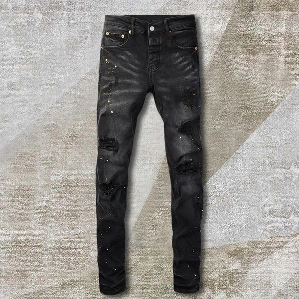 Jeans da uomo Vernice retrò Skinny Uomo Nero Hombre Patch Biker Streetwear Fori strappati Pantaloni denim Stretch Jean Pantaloni affusolati Homme