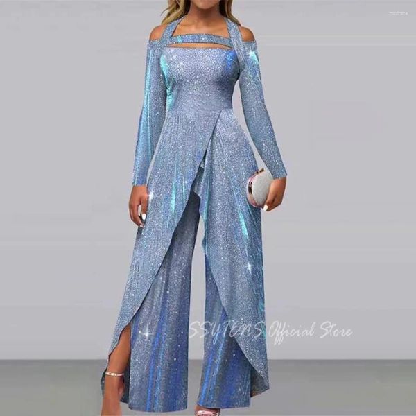 Partykleider Sexy Hosen Overall mit weitem Bein für Frauen Pailletten aushöhlen mit Neckholder Lady Prom Shiny Tight Mid Waist Long Outfits