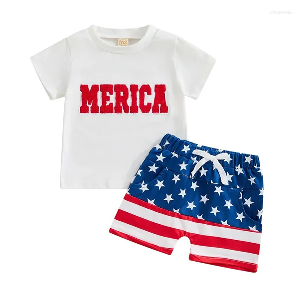Roupas conjuntos de pudcoco 4 de julho Roupas para bebês infantil garoto menina EUA American Borderyer Shirt Star Stripe Shorts Memorial Day Roupos 0-3T