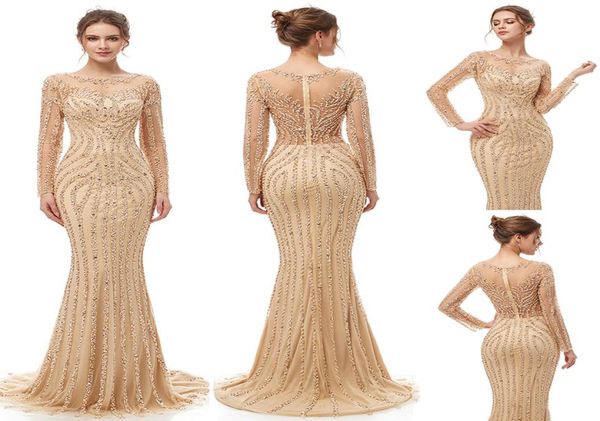 2019 Elegante Champagner-Luxus-Perlenkristall-Meerjungfrau-Abendkleider Yousef Aljasmi Robe De Soiree schiere Tüllausschnitt arabischer Abschlussball Fo2352442