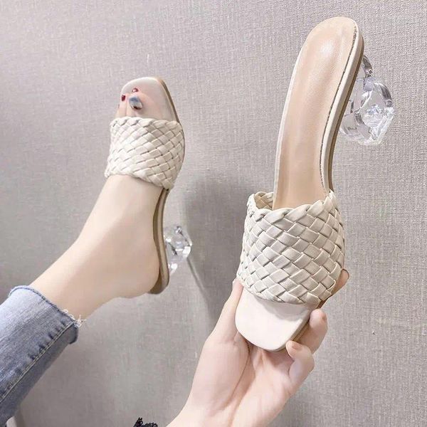 Gewebte hohe transparente Sandalen Heels Ladies Square Toe Summer Shoes Pantoffeln 1805