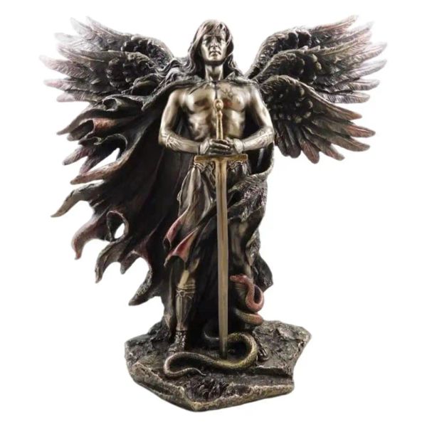 Esculturas bronzeadas serafins de seis asas, anjo da guarda com espada e serpente, estátua de anjo grande, estátuas de resina, decoração de casa