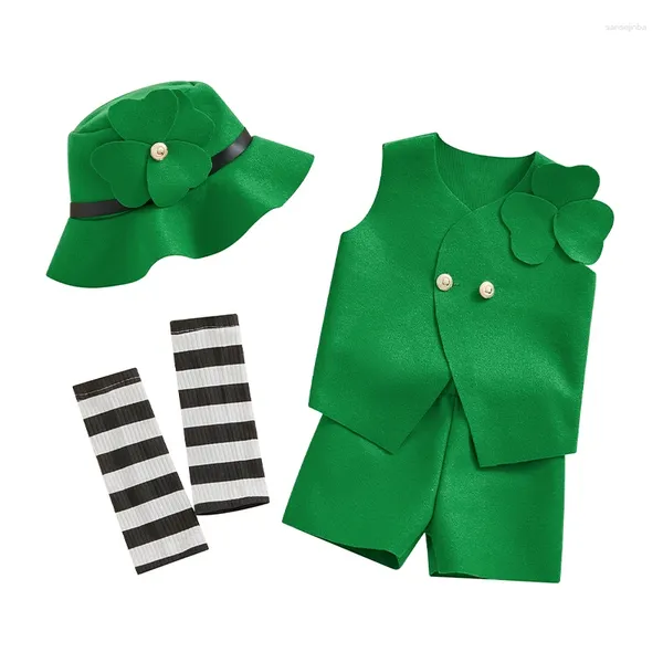 Conjuntos de roupas Verão St. Patrick's Day Infantil Baby Girl Traje Trevo Sem Mangas Tops Shorts e Stripe Leg Warmer Hat Set