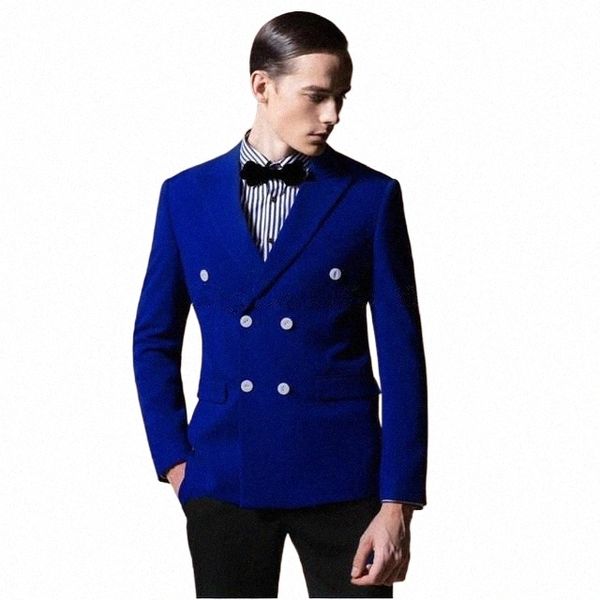 Homens ternos conjunto traje azul real duplo breasted blazer com calças pretas terno para casamento baile de formatura impressão casaco smoking o8ps #