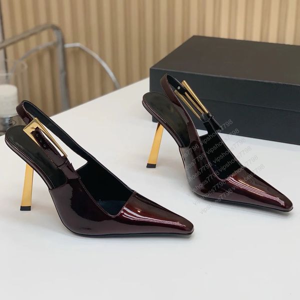 Tasarımcı Lee Süslenmiş Patent Slingback Pompaları Altın Kaplama Ayarlanabilir Slingback Strapparty Ayakkabı Elbise Ayakkabıları