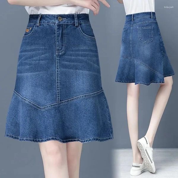 Saias jeans saia para mulheres primavera verão cintura alta plissado a-line jeans senhoras pacote quadris fishtail mini