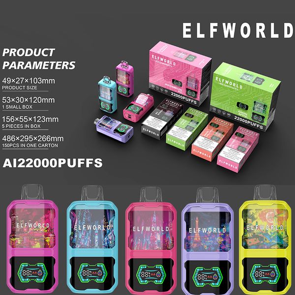 Original Elfworld Digital Box 22000 22K Puffs Vape 650MAH Зарядка 26 мл предварительно заполненной стручке с аккумулятором и анимационным дисплеем eJuice.