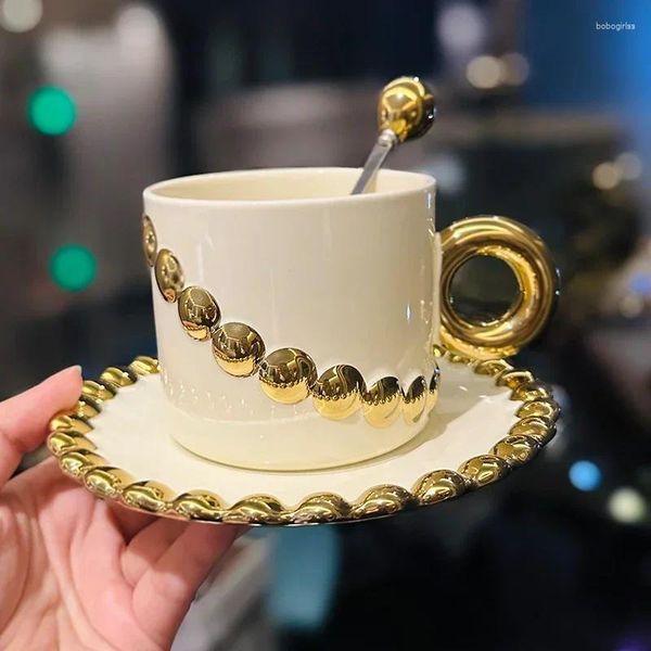 Tassen Untertassen Nordic Light Luxus-Stil Keramik Tasse und Untertasse Set Englisch Nachmittagstee Glas mit Perlenkette Design Becher Kaffeetasse