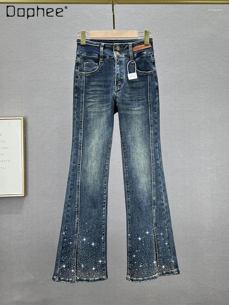 Damen Jeans, trendige Baumwolle, elastisch, Denim, Bell-Bottom, 2024, Herbst, dehnbar, hohe Taille, Strass, geteilt, Bootcut-Hose