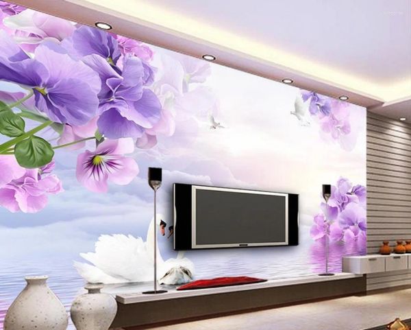 Wallpapers flor papel de parede sonho roxo flores tv pano de fundo 3d moderno para sala de estar murais decoração de casa