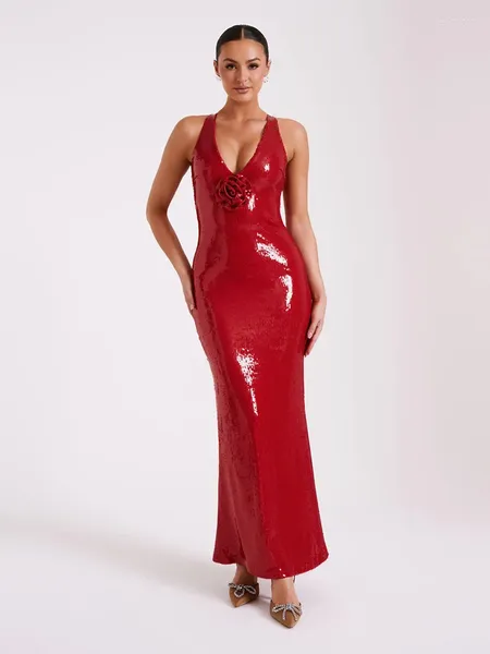 Lässige Kleider Sexy Schwarz Rot Ärmellos V-Ausschnitt 3D-Blumen-Pailletten-Kleid Frauen rückenfrei funkelnde Pailletten schlanke lange Promi-Party-Abend